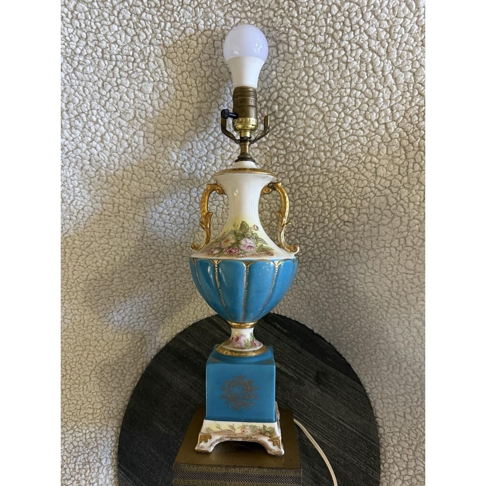 Vtg French Sevres Style Porcelain Urn Lamp Blue Floral Gold Signed Antique Decor